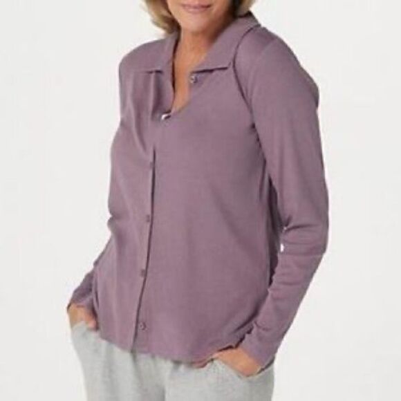 AnyBody Cozy Knit Collared Rib Button Front Long Sleeve Purple Top/Blouse - Picture 1 of 8